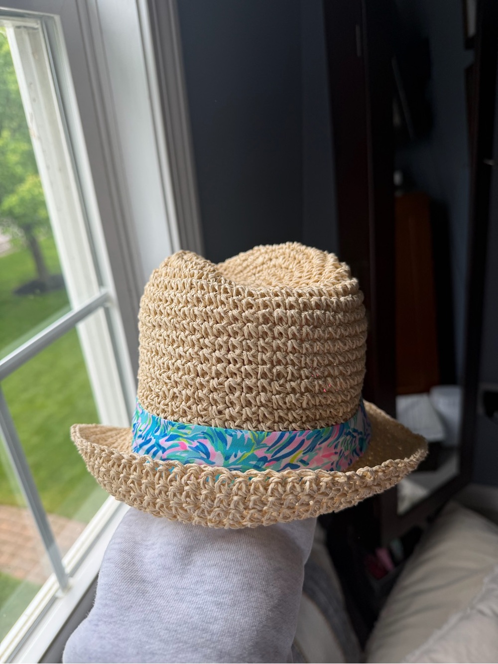 Lilly Pulitzer Straw Fedora with Blue Floral Band - Picture 2 of 3